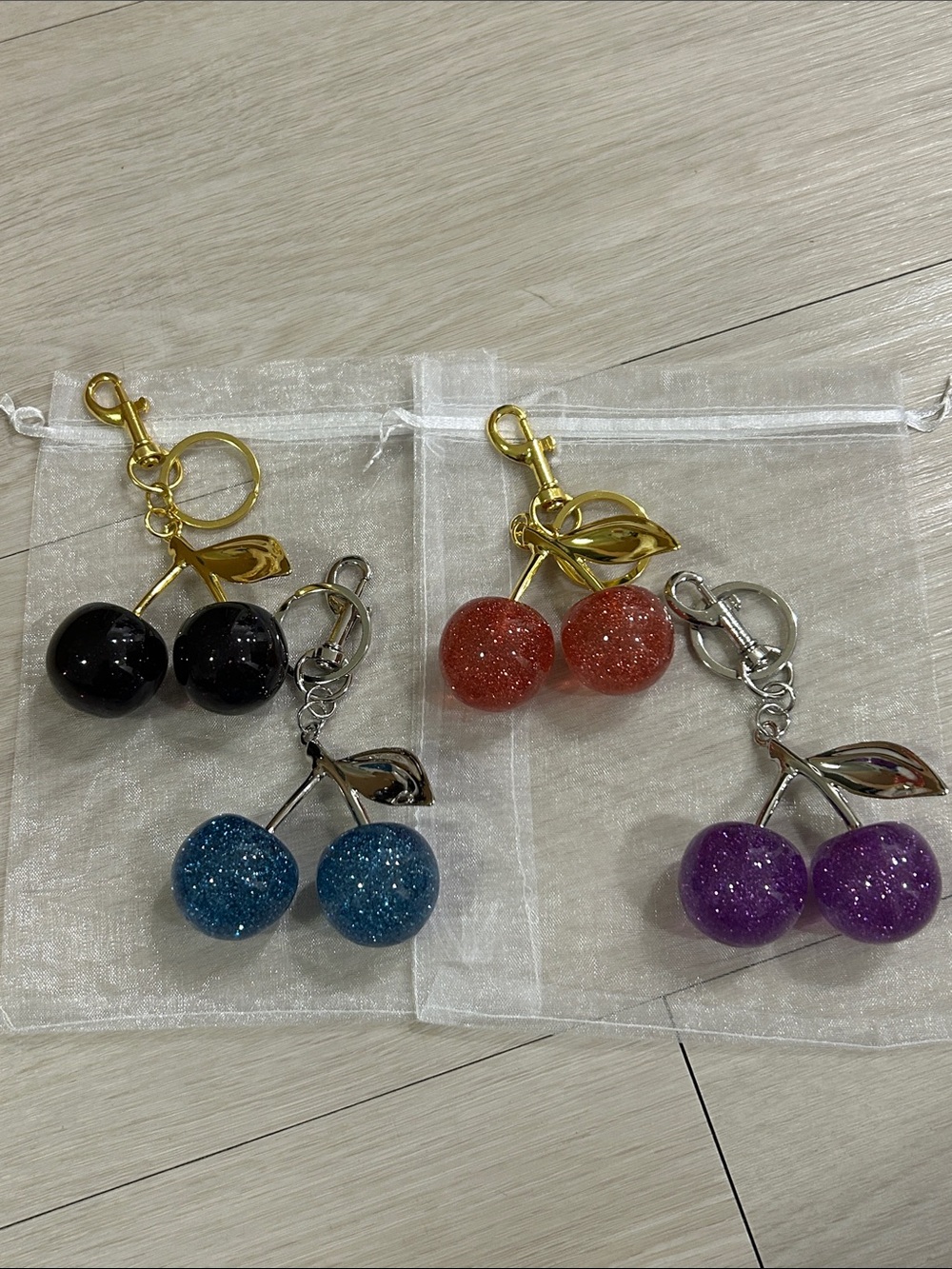 Glitter Cherry Purse Charm (NWOT) Set Of 4 #3—Black, Pink, Purple, Blue